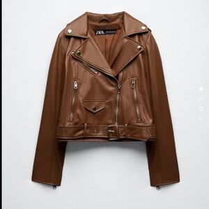 Zara Brown Leather Biker Jacket